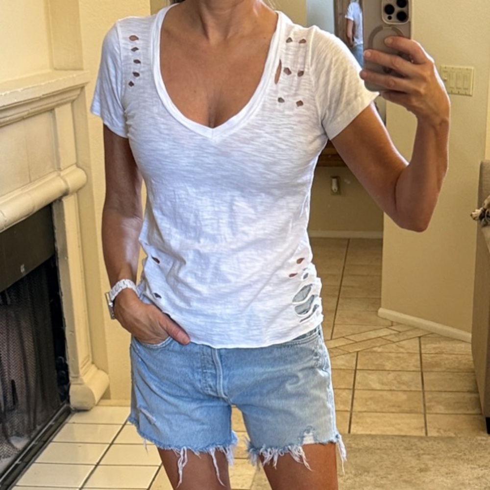 Olivaceous White Distressed V-Neck Tee